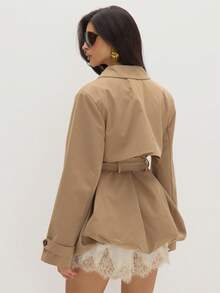 MUSEYN Tan Caramel Woven Puff Ball Hem Belted Shoulder Pad Trench Coat Structured Tailored Polished Everyday Office Fall New Season Capsule Wardrobe - Brown - View 5