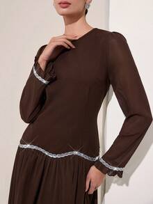 Graceveil Brown Round Neck Petal Sleeve Middle Eastern Gentle Style Sequin Wavy Hem Long Chiffon Dress - Coffee - View 5