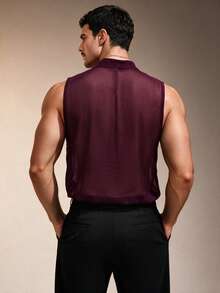 ZURIURI Camisa sin mangas transparente de moda con patchwork y volantes en el bajo para hombre - Burdeos - Ver 5