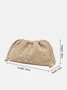 Maija Ladies Fashionable Elegant Simple Personalized Gold Rivet Khaki Suede Pumped Rope Clutch Bag, Daily Commuter Dating Party Afternoon Tea - Khaki - View 2