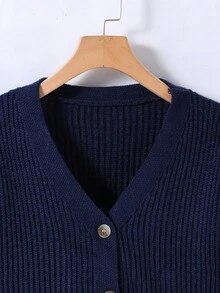 SHEIN Girls' Open Front Cardigan Sweater 2025 European & American Autumn/Winter New Style, Solid Color V-Neck Lantern Sleeve Button Knit Loose Short Cardigan Jacket, Vintage Slouchy, Vacation Outfit - Navy Blue - View 6