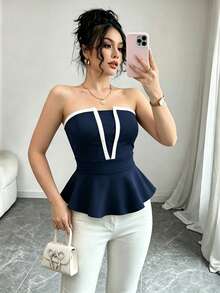 SHEIN Raffinéa 性感无肩带露脐上衣，优雅撞色设计，适合情人节穿着 - 藏蓝色 - 查看 1