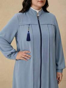 Modelyn 優雅純色拉鍊長袖女款阿拉伯服裝套裝，適合秋冬穿著 - 霧霾藍 - 查看 6