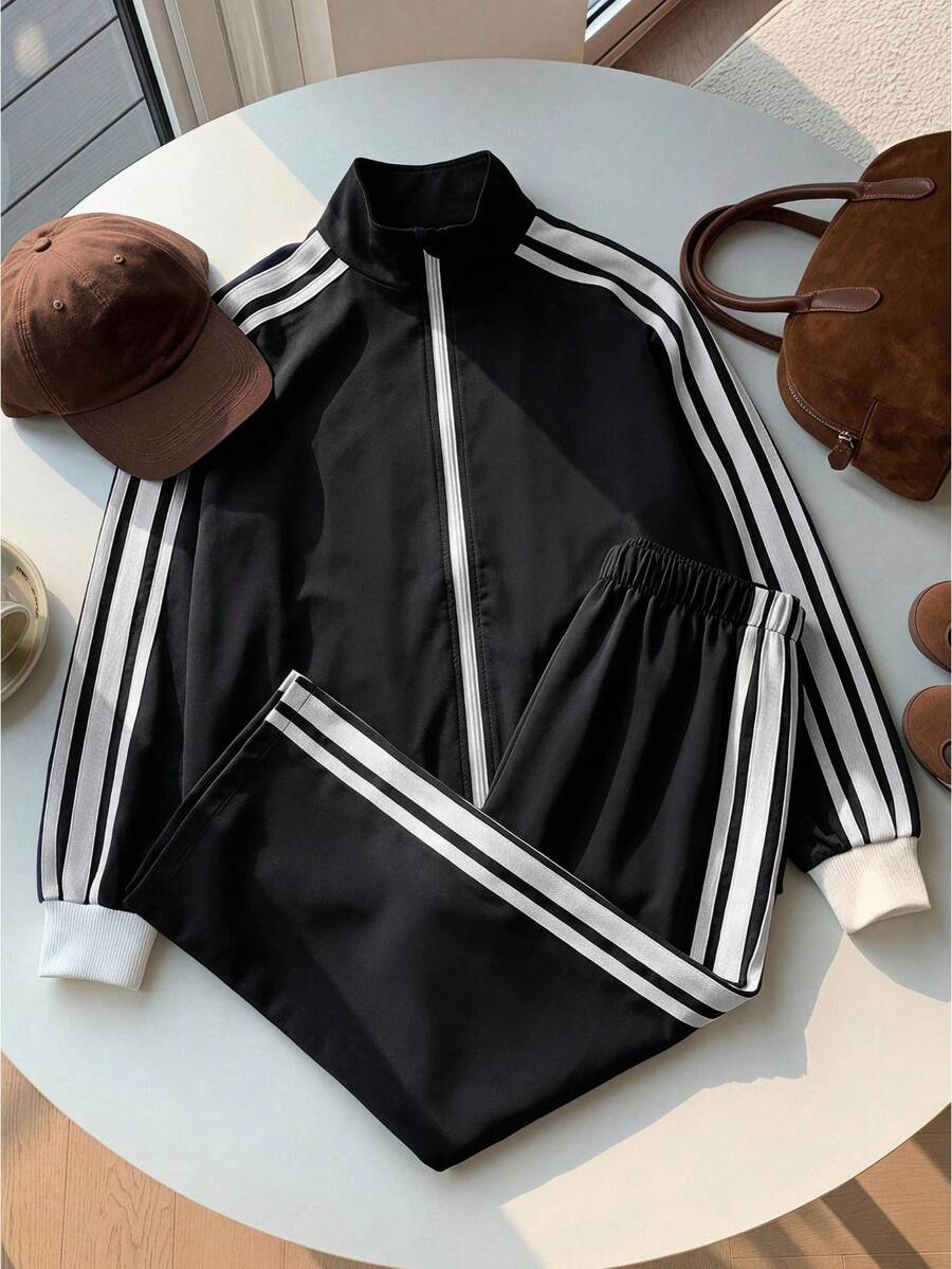 SHEIN 兒童青少年女孩休閒新款秋冬時尚海軍藍與白色條紋拼接長袖拉鍊外套與長褲兩件套,返校穿搭 - 黑色 - 查看 1