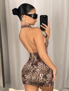 SHEIN ICON 女款時尚豹紋拉鍊掛脖性感洋裝 - 酒紅色 - 查看 2