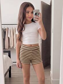 SHEIN 少女休闲条纹翻边短裤，适合青少年女孩，百搭休闲装，卡其色短裤，学院风，返校季 - 卡其色 - 查看 2