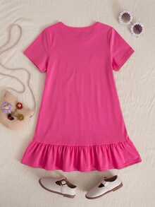 SHEIN Gaun Kasual Rajut Warna Polos Motif Huruf Leher Bulat untuk Anak Perempuan - Hot Pink - View 7