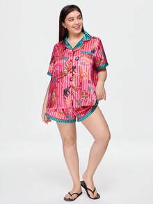 Bonmuse Young Vibrant Fun Tiger Butterfly Lightning Cat Wave Stripe Print Lapel Open Front Satin Plus Size Women's Pajama Set - Multicolor - View 1