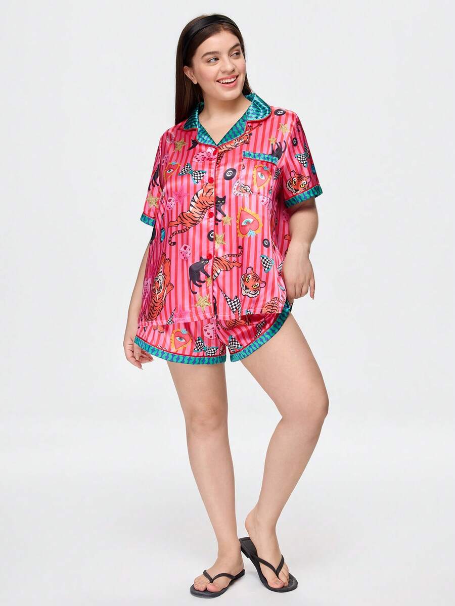 Bonmuse Young Vibrant Fun Tiger Butterfly Lightning Cat Wave Stripe Print Lapel Open Front Satin Plus Size Women's Pajama Set - Multicolor - View 1