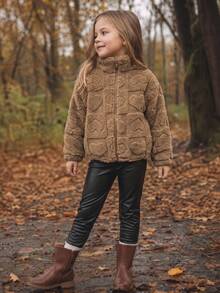 Emery Rose Kids Emery Rose Kids Young Girl 2pcs Young Kids Girls Zip Up Hoodie Jacket & PU Leather Leggings Set,Furry Coat & Pants - Brown - View 2