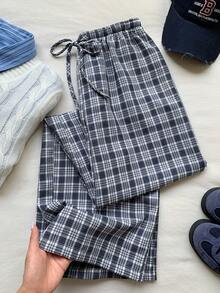 Comfortcana Women's Drawstring Waist Plaid Casual Versatile Daily Travel Long Pants - Navy Blue - View 7