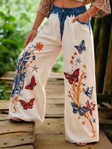 SHEIN LUNE CURVE Women's Plus Size Butterfly Print Long Pants, Casual Bottoms Fall - Multicolor - View 8
