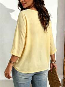 EMERY ROSE Plus Size Women's Solid Color Round Neck Casual 3/4 Sleeve Blouse Fall - Yellow - View 2