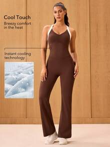 OutZeal Women Sports Jumpsuit Casual Yoga Gym Cool Touch UV Protection Bra-In With Removable Pads Crossover Back Flared Leg One-Piece Summer Spring - Brown - View 3
