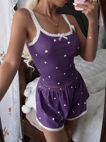 Tulorae Women's Pink Heart & Ribbed Lace Silk Camisole Shorts Pajama Set - Purple - View 5