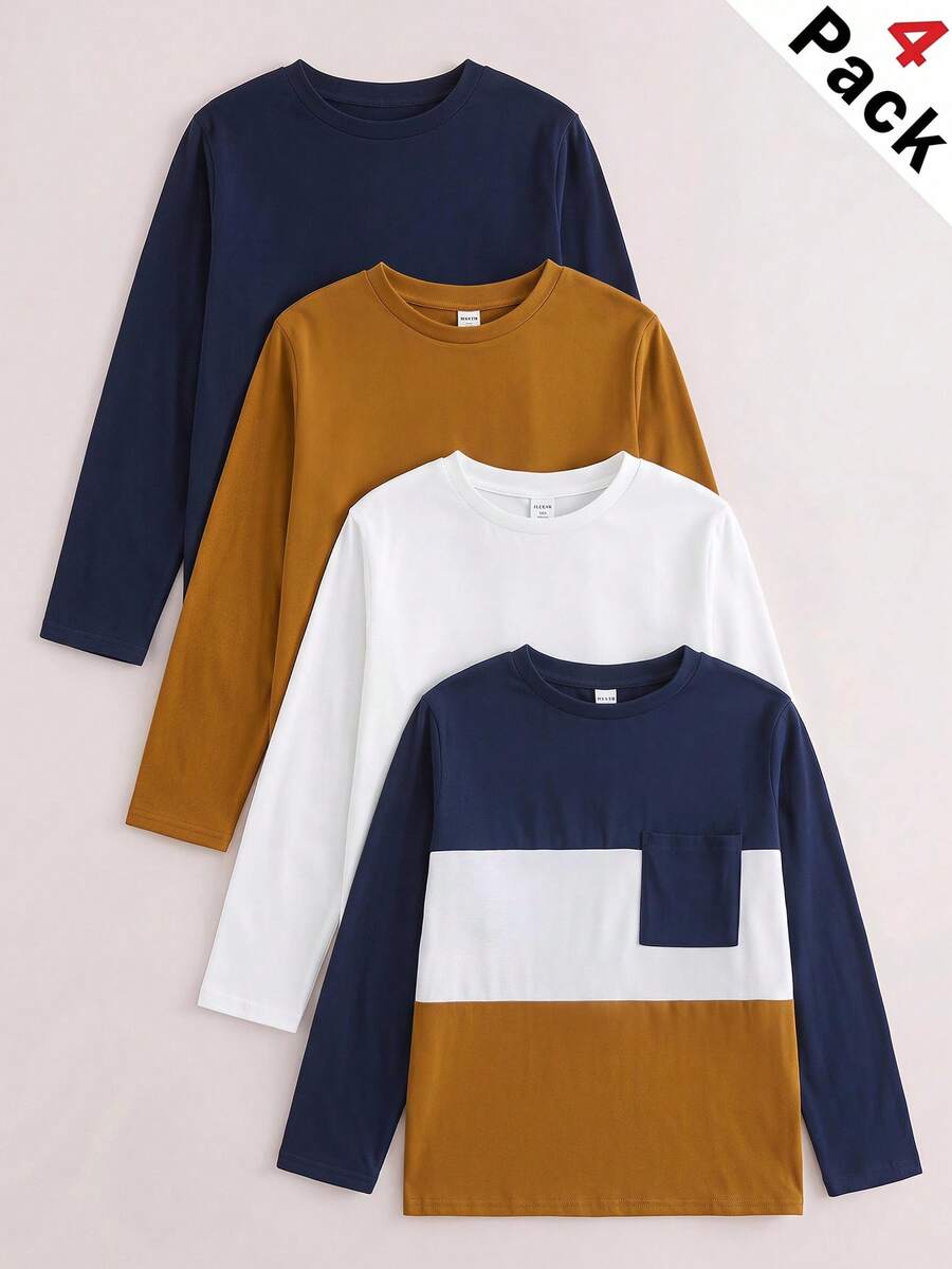 SHEIN 4件組青少年男孩休閒學院風純色拼接圓領長袖T恤多件裝,舒適百搭,適合外出、居家、校園、派對、假期、聖誕、新年,春夏季秋冬四季皆宜 - 彩色 - 查看 1