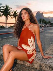 CAJUNI Chic Vacation Retro Resort Golden Palm Tree Mini Dress. - Red - View 3