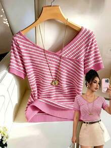 SHEIN Franclia Women's Striped V-Neck Short Sleeve T-Shirt, Beach Vacation Cute And Elegant T-Shirt, Suitable For Spring/Summer, Winter, National Day/New Year Outing Top, Elegant Fashion Daily Commute, Office Casual Wear, Versatile Elegant, Urban Style, Teacher Professional Attire - Pink - View 1