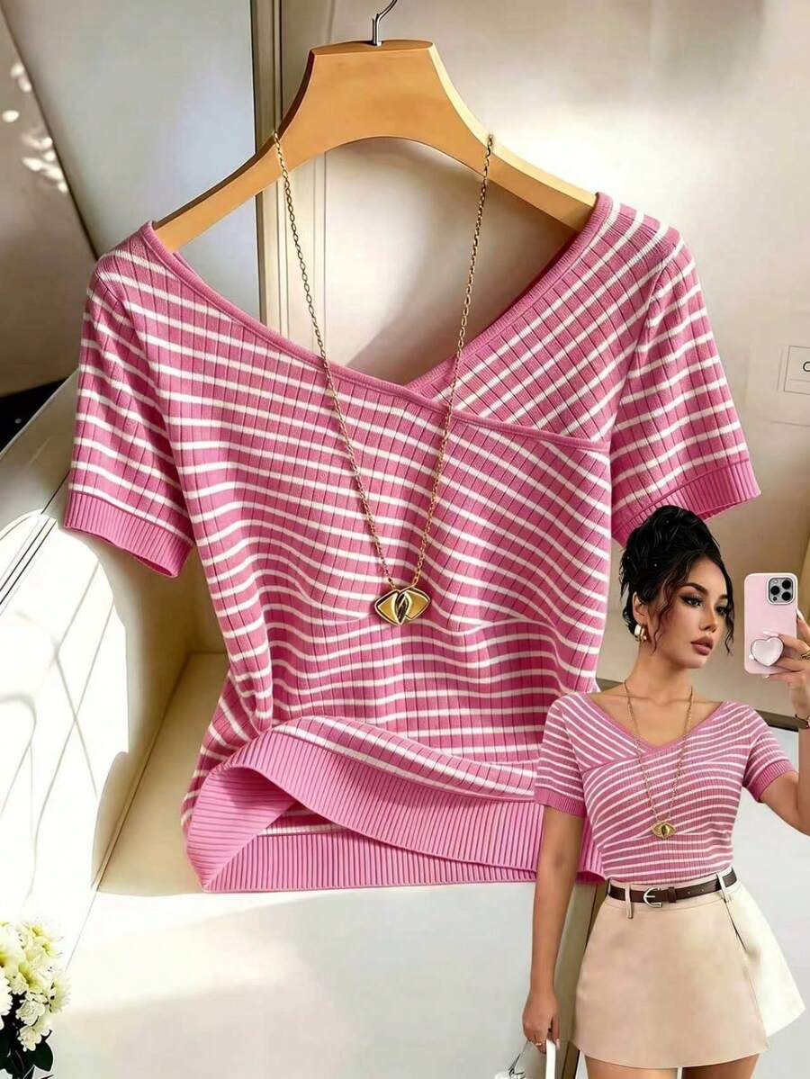 SHEIN Franclia Women's Striped V-Neck Short Sleeve T-Shirt, Beach Vacation Cute And Elegant T-Shirt, Suitable For Spring/Summer, Winter, National Day/New Year Outing Top, Elegant Fashion Daily Commute, Office Casual Wear, Versatile Elegant, Urban Style, Teacher Professional Attire - Pink - View 1