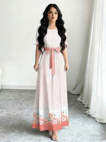 Modelyn 波点渐变花卉印花长款连衣裙，女士时尚圆领短泡泡袖设计，配腰带，优雅夏季连衣裙，适合度假和日常穿着 - 彩色 - 查看 3