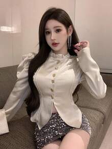 DAZY Blusa da donna con colletto alto, balze e maniche a sbuffo, colore unito, abbigliamento autunnale da donna, top a maniche lunghe - Albicocca - Visualizzare 6