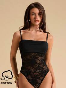 SHEIN BAE 春夏純黑色 91% 棉蕾絲拼接性感透視女款細肩帶背心，黑色蕾絲細肩帶背心，適合夏季、音樂節、外出穿著 - 黑色 - 查看 1