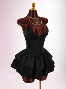 Amplova Women's Solid Color Ruffle Hem Sexy Spaghetti Strap Mini Dress - Brown - View 7