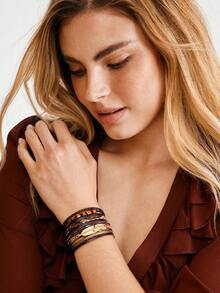 Nocturel 1pc Leather Cuff Bracelet Multilayer Wrap Bracelet Crystal Artificial Feather Bangle With Magnetic Clasp For Women - Brown - View 4