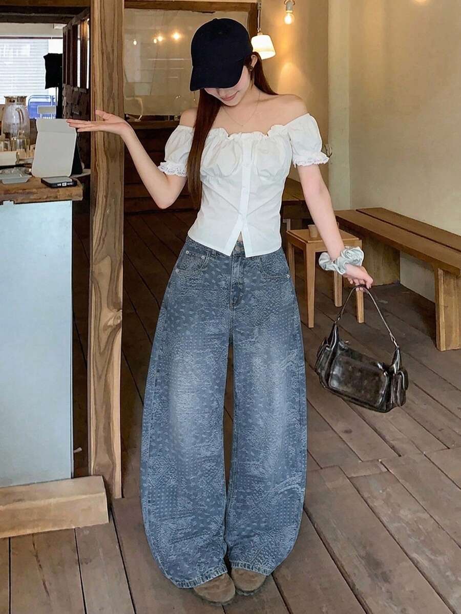 DAZY 女款條紋韓風寬鬆休閒牛仔長褲 - 藍色 - 查看 1