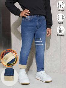 SHEIN 女童蓝色牛仔保暖内衬弹力修身裤，秋冬季休闲时尚度假装，加厚抓绒保暖长裤，抓绒打底裤 - 深色水洗藍 - 查看 4