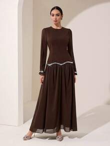 Graceveil Brown Round Neck Petal Sleeve Middle Eastern Gentle Style Sequin Wavy Hem Long Chiffon Dress - Coffee - View 3