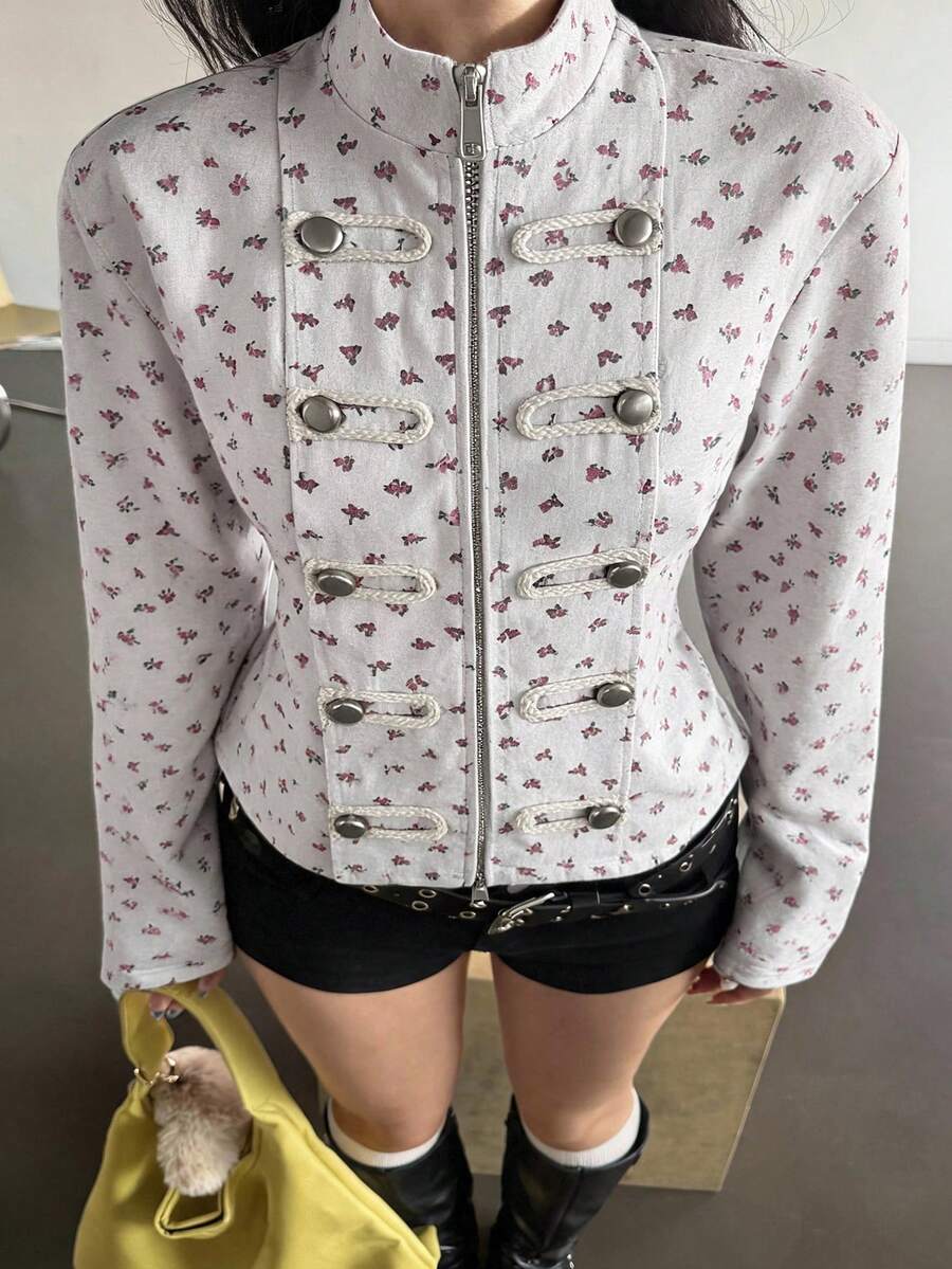 K-Vae 女款雙排扣碎花運動外套,短版韓系溫柔休閒拉鍊運動衫 - 彩色 - 查看 1