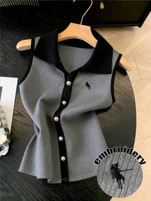 GlowEve CURVE 大尺碼黑色與灰色刺繡紋理針織舒適百搭休閒時尚 Polo 衫 - 灰色 - 查看 3
