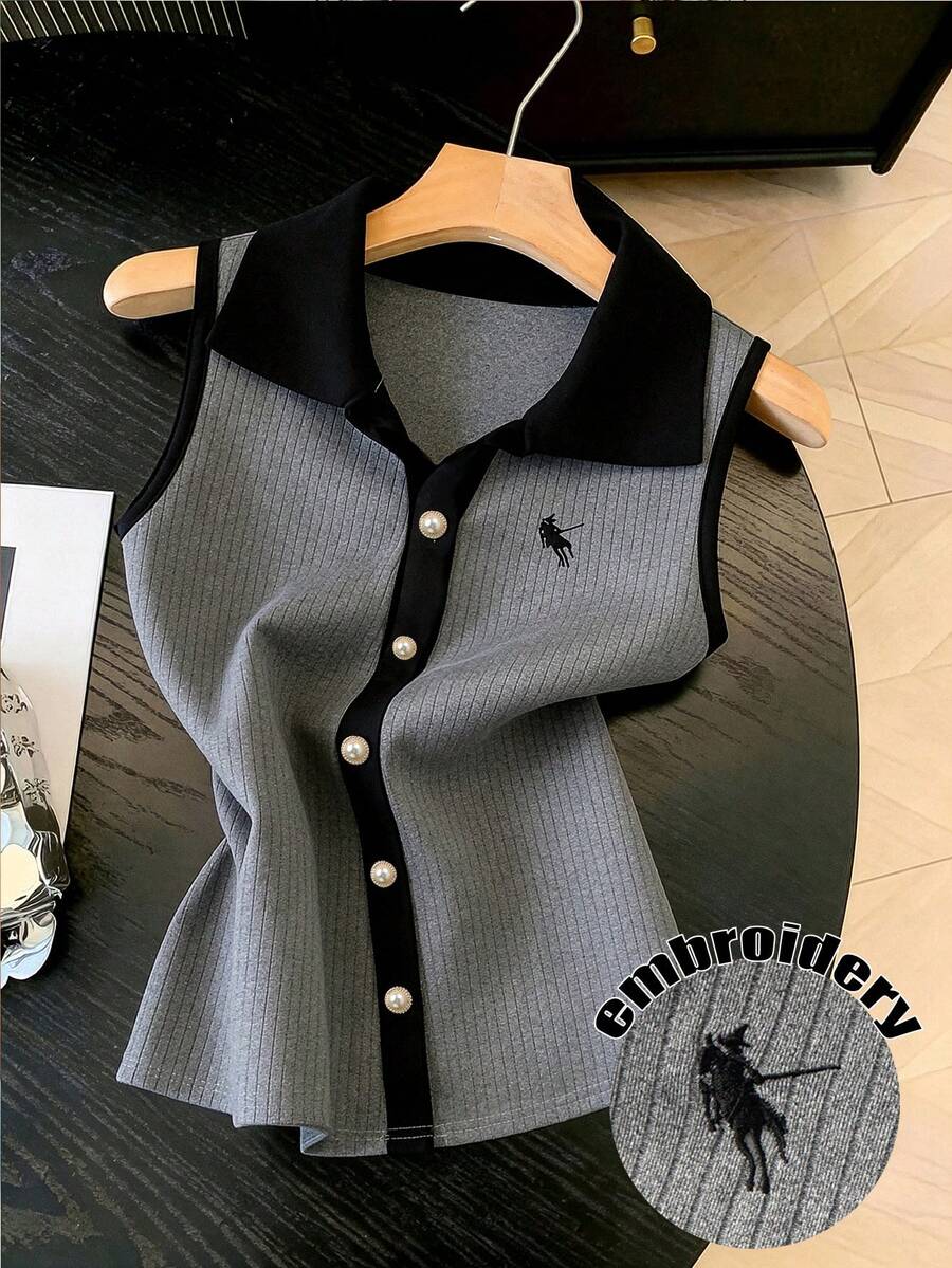 GlowEve CURVE Kemeja Polo Rajut Bertekstur Bordir Hitam & Abu-abu Ukuran Besar, Nyaman, Serbaguna, Kasual, Modis - Grey - View 1
