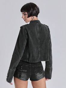 ACID BLVD Spring/SummerblackVintage Distressed Denim Jacket With Nautical Punk Metal Buckle Closure - Black - View 6