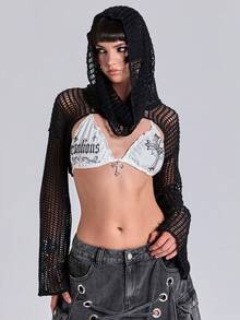 ACID BLVD Women's Y2K Versatile Mesh Hollow Long Sleeve Hooded Sweater - Black - View 4