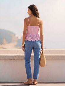CAJUNI Women's Sweet Vacation Button Embroidered Hollow Out Camisole - Pink - View 2