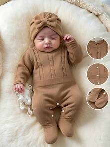 SHEIN رومبير كنزة للمواليد الجدد بتصميم عصري وجميل - كاكي - مشاهدة 5