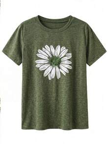 SHEIN 大码花卉印花短袖 T 恤图案 T 恤女式上衣 - 綠色 - 查看 6