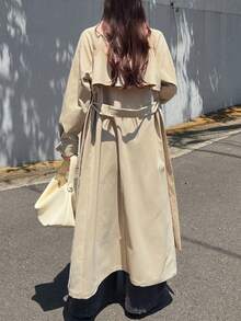FRIFUL Women's Autumn Solid Khaki Belted Long Trench Coat - Khaki - View 1
