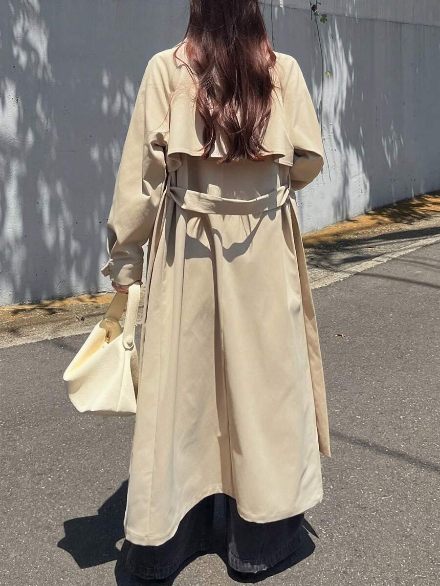 FRIFUL Women's Autumn Solid Khaki Belted Long Trench Coat - Khaki - View 1