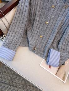 SHEIN Clasi Plus Size Sweater Blouse Collar Turn-Up Cuff Button Front Cardigan Knit Splicing 2 In 1 Set Fall Winter Cloth For Women Autumn - Grey - View 4