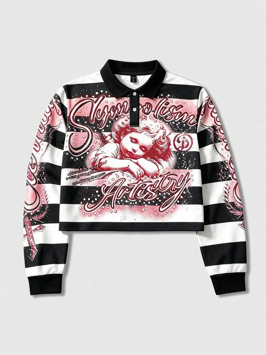 ROMWE MEN Street Life Men's Character Letter Print Button Half-Placket Long Sleeve Sweatshirt - Multicolor - View 1