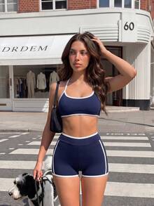 Gameset SHEIN Sport Women's Minimalist Athleisure Active Halter Tie Tank Top And Navy Blue And White Contrast Color Shorts Sports Set Gym Workout Summer - Navy Blue - View 10