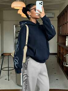 海軍藍 青少年女孩休閒時尚街頭風 Y2K 字母圖案寬鬆舒適連帽衛衣（附口袋）適合秋冬日常、外出、街頭、校園、時髦新季節 - 白色 - 查看 5