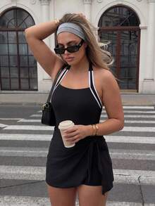 SHEIN Dewbera Women's Plus Size Colorblock Casual Daily Halter Neck Sports Dress - Multicolor - View 4