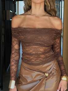 Sindi Myftari Women's Seductive Sheer Lace Splicing Off Shoulder Long Sleeve T-Shirt,Elegant Slim Fit Ruched Black Tops For Autumn Night Out Daily Wear - Coffee Brown - View 4