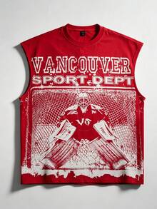 ROMWE MEN Street Life Men's Character & Letter Print Tank Top - Red - View 1