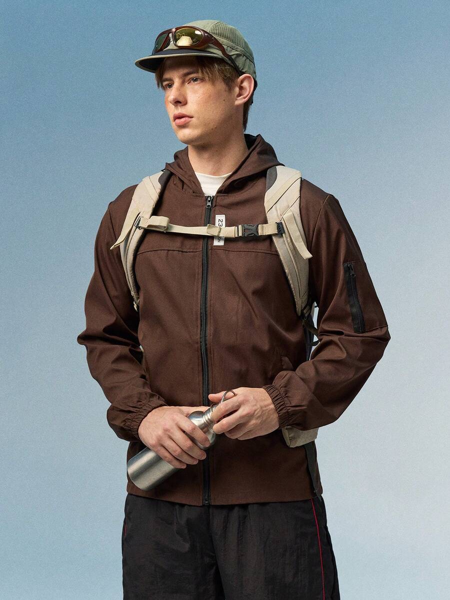 Caldwick 1pc Casual Sports Hooded Jacket, Zipper Closure, Regular Fit, Suitable For Hiking, Running, Outdoor Activities, Father's Day - Coffee Brown - View 1