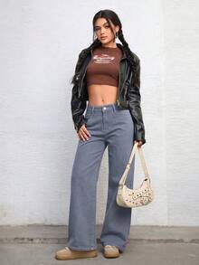 SHEIN ICON 女款寬腿寬鬆休閒百搭牛仔褲，附口袋 - 黑色 - 查看 4